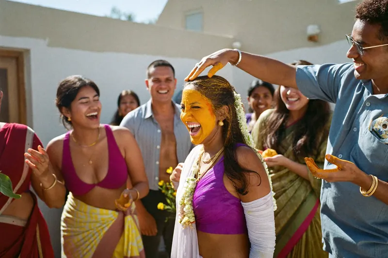 Friends and family celebrating a haldi ceremony