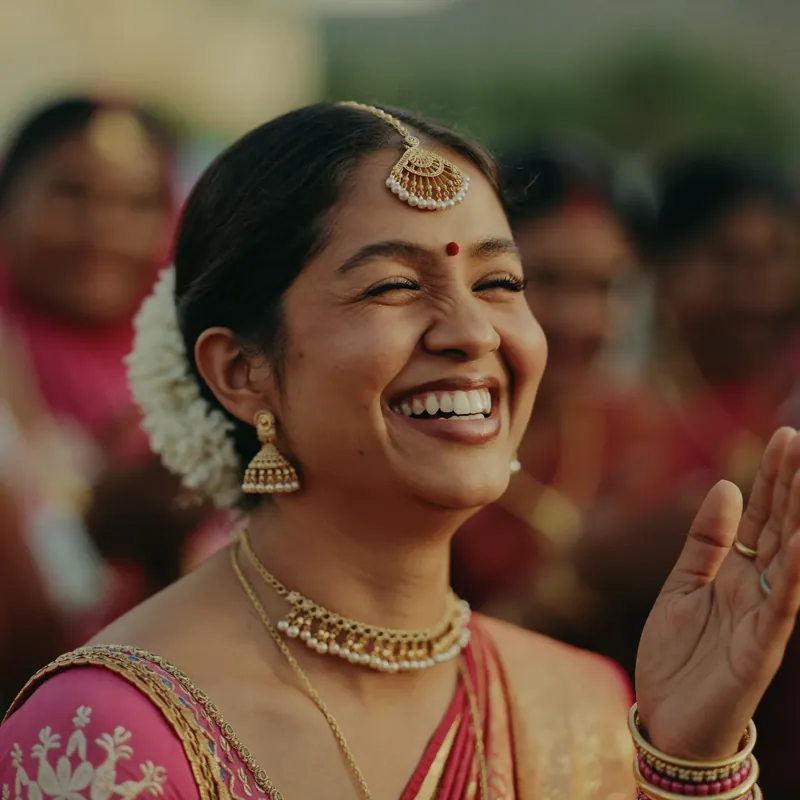 Smiling guest wearing gold jewellery at a celebration