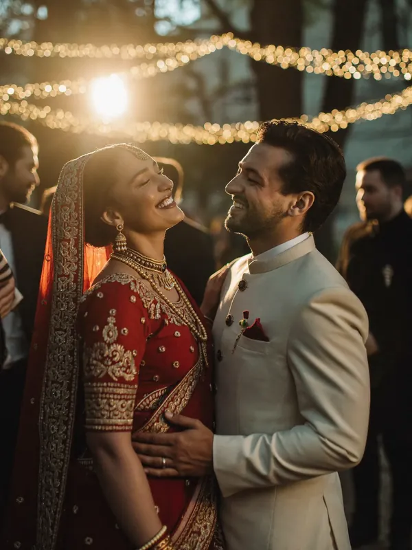 Bride and groom beneath glowing string lights