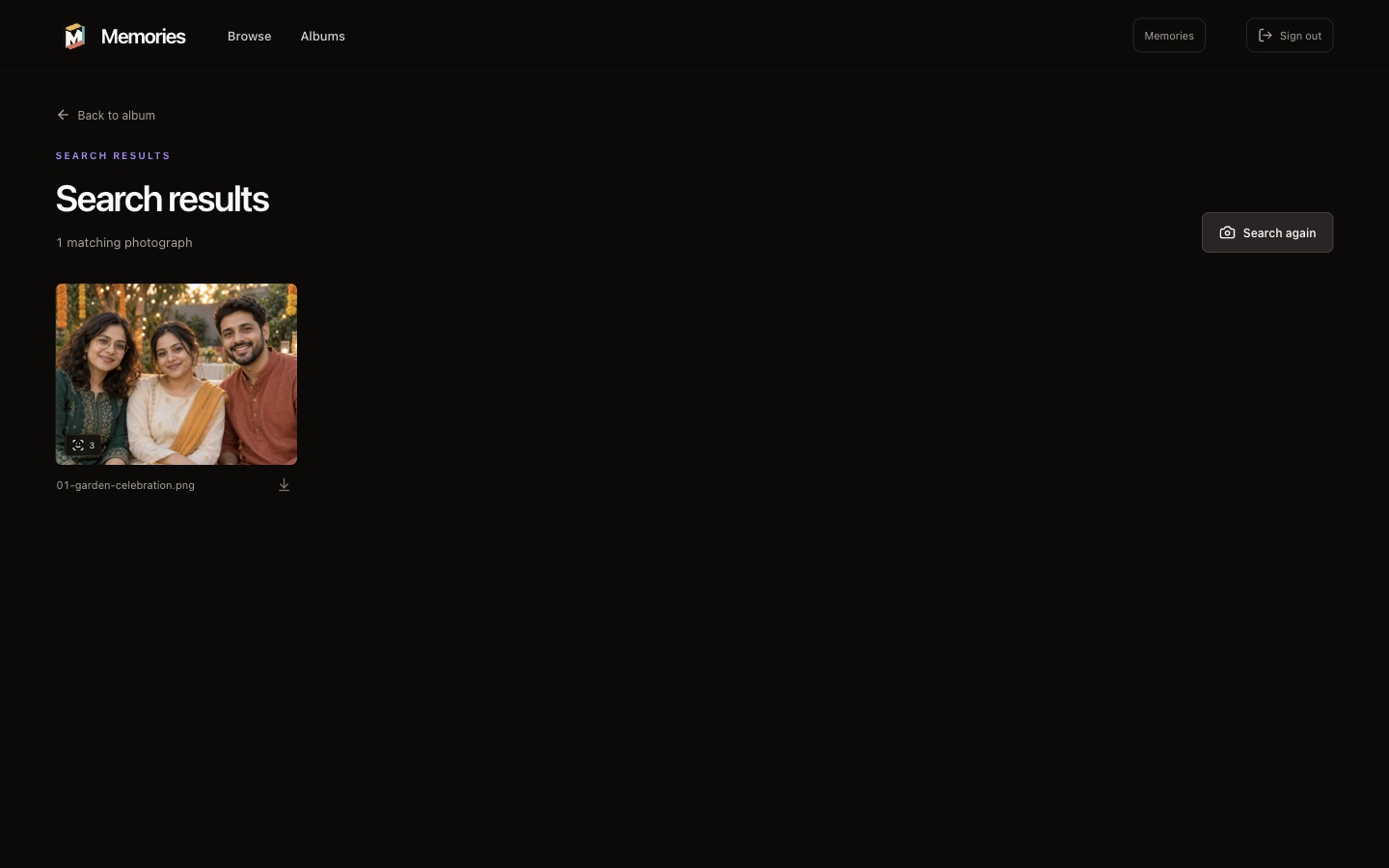 Actual Memories desktop face-search result showing a matching photograph from the Garden celebration sample album